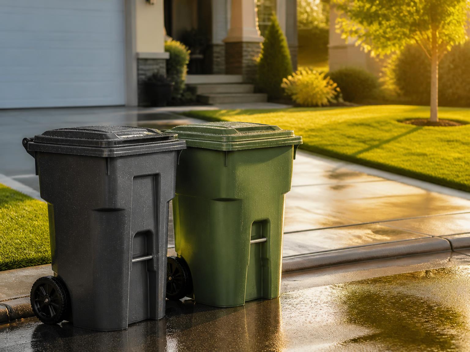 Freshly cleaned residential trash and recycling bins at a Virginia curb